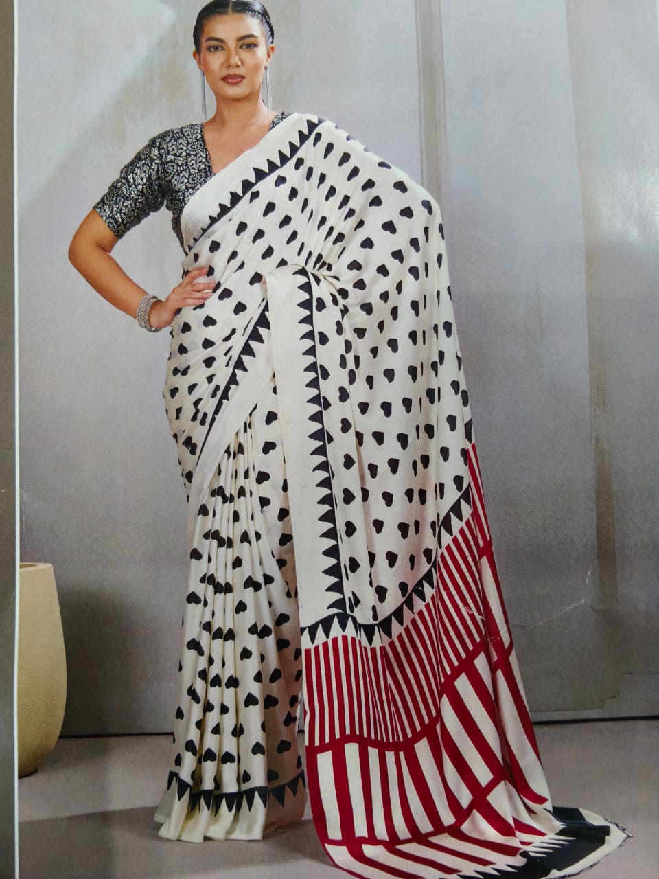Pure Handcrafted Ajrakh Modal Silk Saree in White with Red Pallu