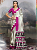 Pure Handcrafted Ajrakh Modal Silk Saree in Ivory with Magenta Pallu