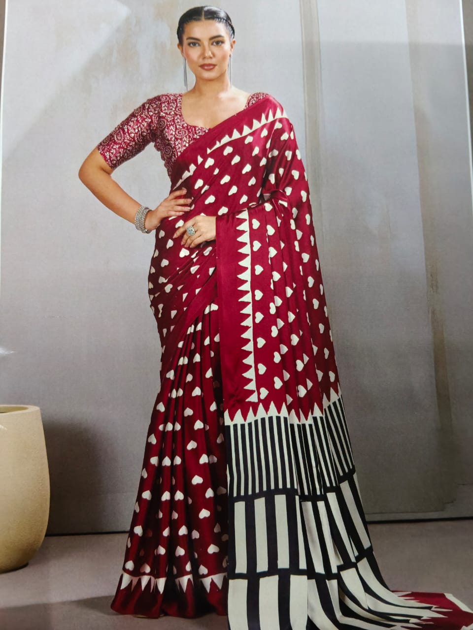 Pure Handcrafted Ajrakh Modal Silk Saree in Maroon with Black-White Pallu