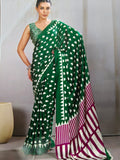 Pure Handcrafted Ajrakh Modal Silk Saree in Emerald Green with Magenta Pallu