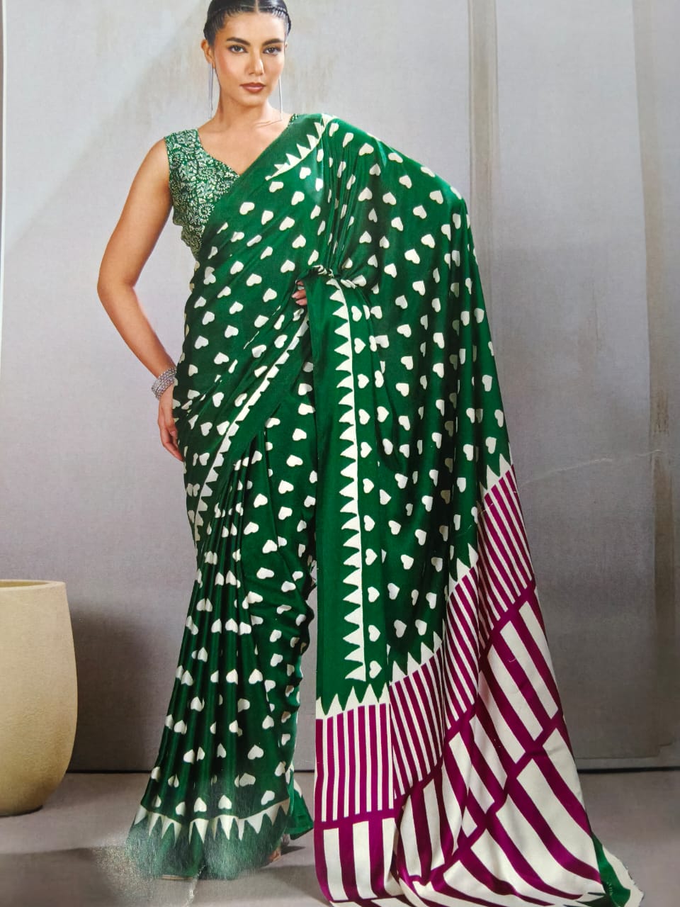 Pure Handcrafted Ajrakh Modal Silk Saree in Emerald Green with Magenta Pallu