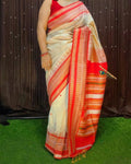 Premium Cream & Red Handwoven Tussar Silk Saree with Traditional Border & Rich Pallu | Festive & Wedding Wear | Free Size with Blouse Piece