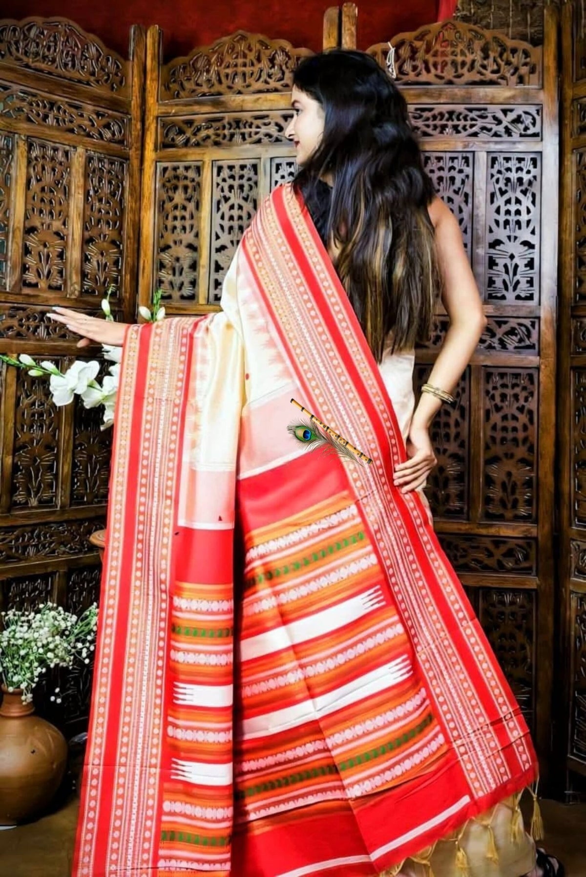 Premium Cream & Red Handwoven Tussar Silk Saree with Traditional Border & Rich Pallu | Festive & Wedding Wear | Free Size with Blouse Piece