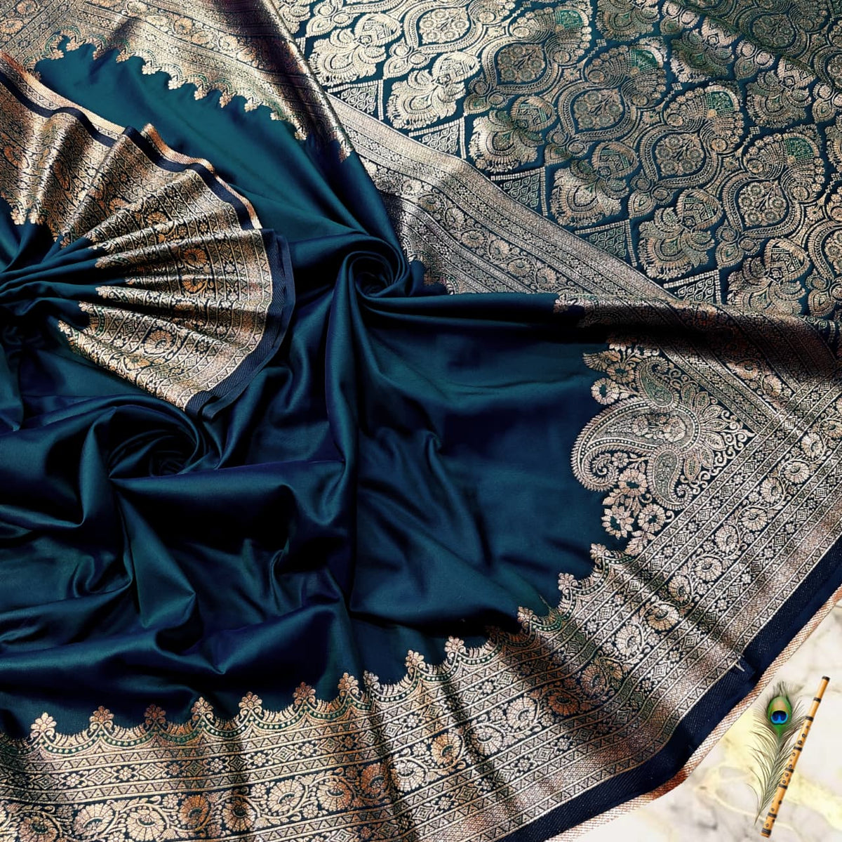 Royal Teal Blue Dual-Tone Satin Handcrafted Saree with Heritage Zari Pallu