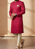 Rani Pink Indo-Western Sherwani in Pure Tussar Silk – Handcrafted Royal Wear