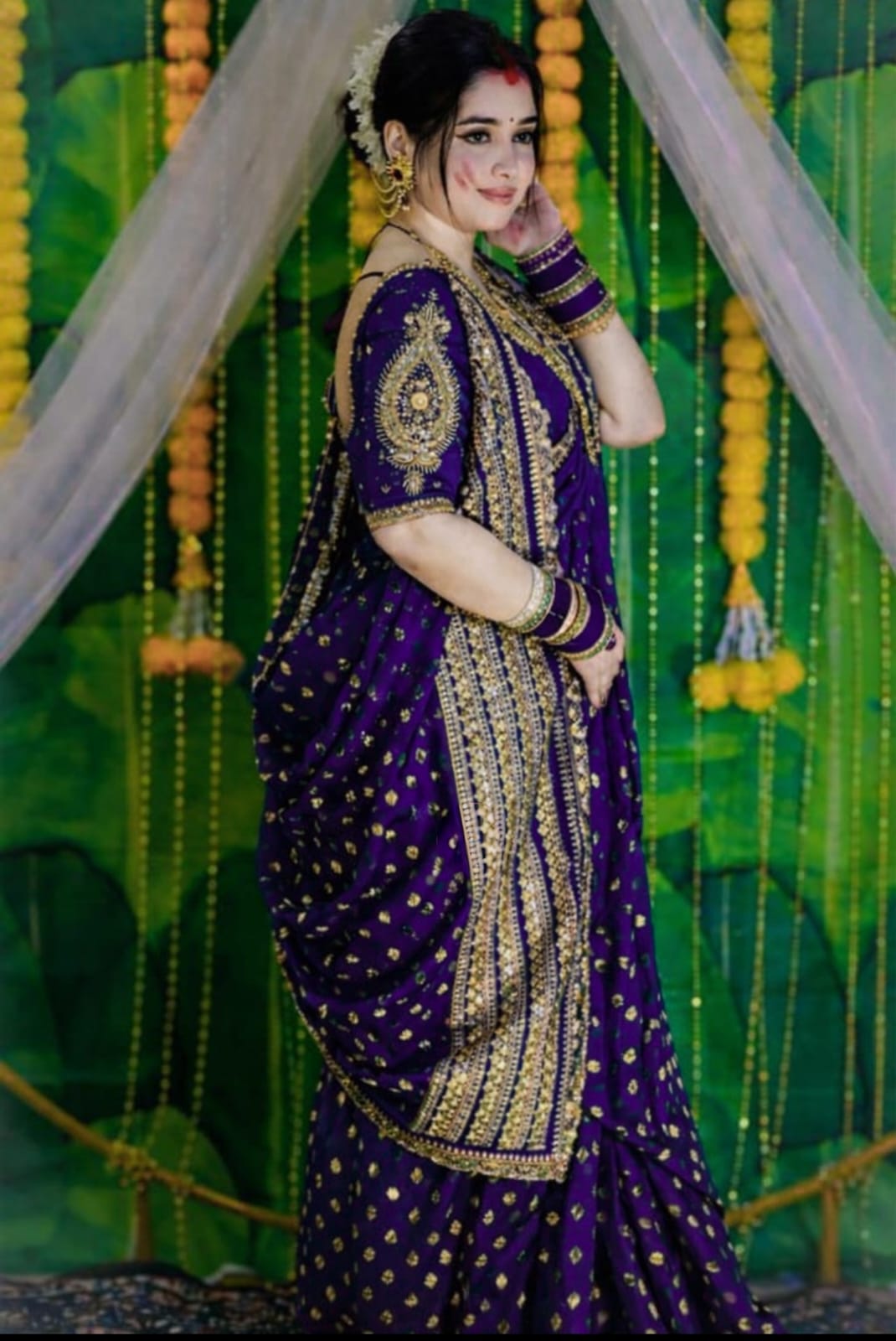 Royal Purple Khadi Handcrafted Designer Saree with Gold Buti & Heavy Zari Border – Wedding & Festive Collection