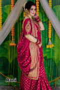 Rani Pink Khadi Handcrafted Designer Saree with Gold Buti & Heavy Zari Border – Bridal & Festive Wear