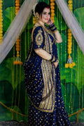 Royal Navy Blue Khadi Handcrafted Designer Saree with Gold Buti & Heavy Border – Festive & Wedding Wear