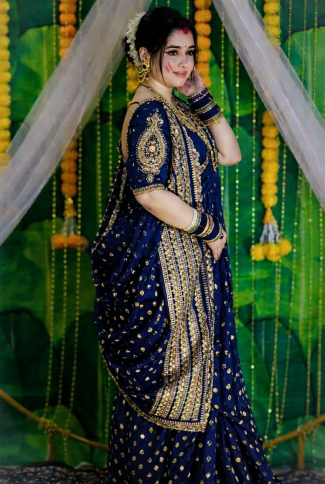 Royal Navy Blue Khadi Handcrafted Designer Saree with Gold Buti & Heavy Border – Festive & Wedding Wear