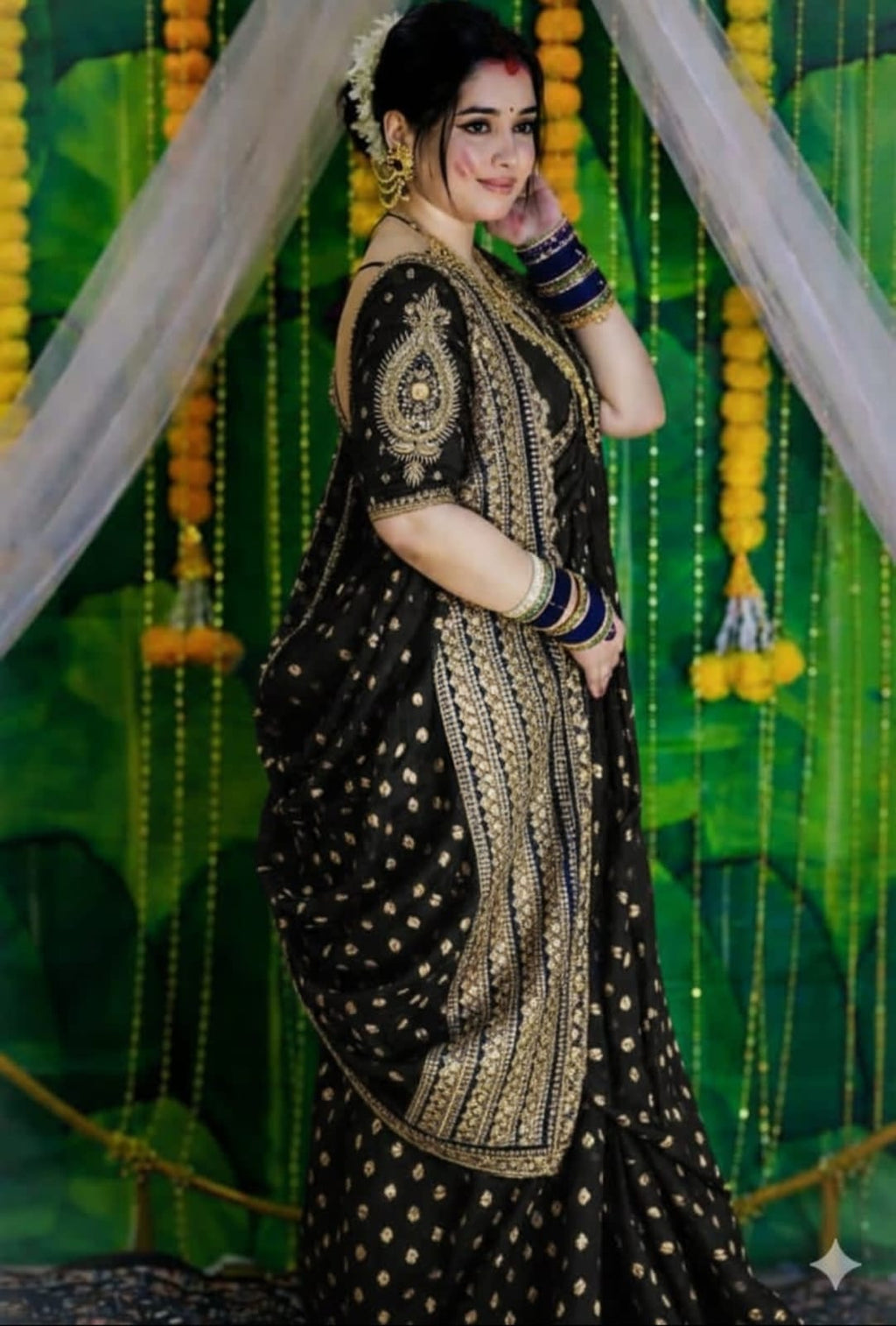 Royal Black Khadi Handcrafted Designer Saree with Gold Buti Work – Traditional Festive & Wedding Wear