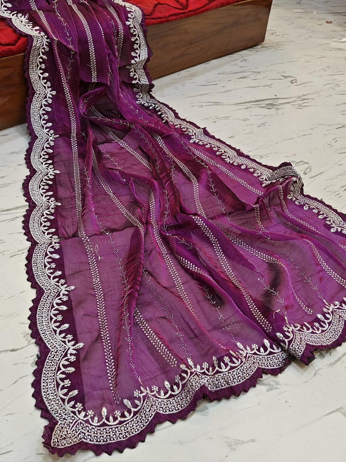 Royal Wine Purple Organza Saree with Double Scallop Border & Hand Katdana Zari Work | Premium Bridal & Party Wear with Blouse