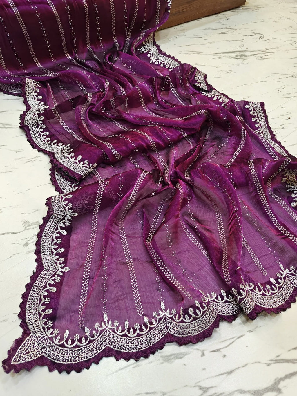 Royal Wine Purple Organza Saree with Double Scallop Border & Hand Katdana Zari Work | Premium Bridal & Party Wear with Blouse