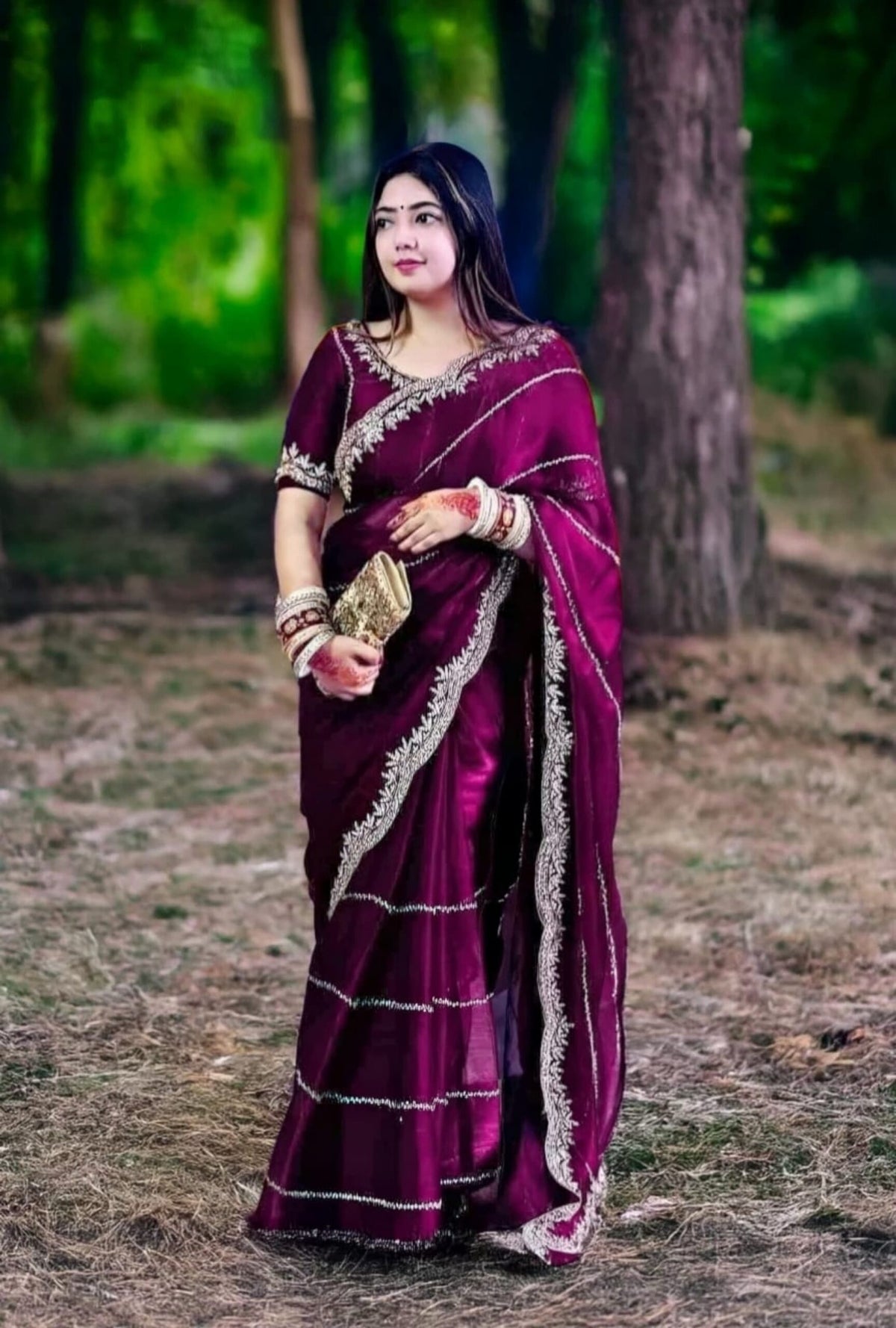 Royal Wine Purple Organza Saree with Double Scallop Border & Hand Katdana Zari Work | Premium Bridal & Party Wear with Blouse