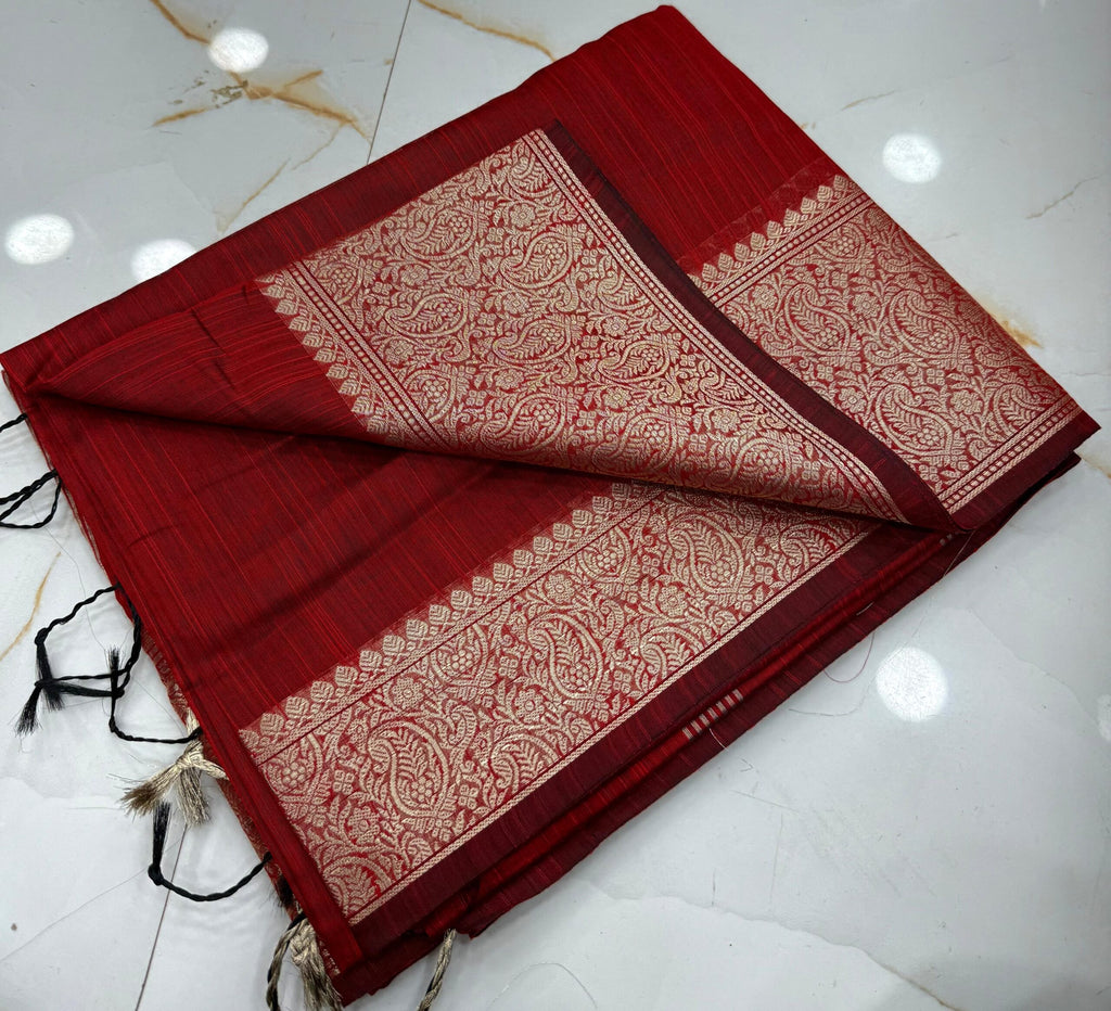 Ruby Red Slub Silk Handcrafted Saree with Antique Gold Paisley Woven Border & Pallu – Premium Ethnic Festive Wear with Blouse Piece