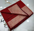 Ruby Red Slub Silk Handcrafted Saree with Antique Gold Paisley Woven Border & Pallu – Premium Ethnic Festive Wear with Blouse Piece