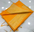 Mustard Yellow Slub Silk Handcrafted Saree with Antique Gold Paisley Woven Border & Pallu – Elegant Festive Ethnic Saree with Blouse Piece