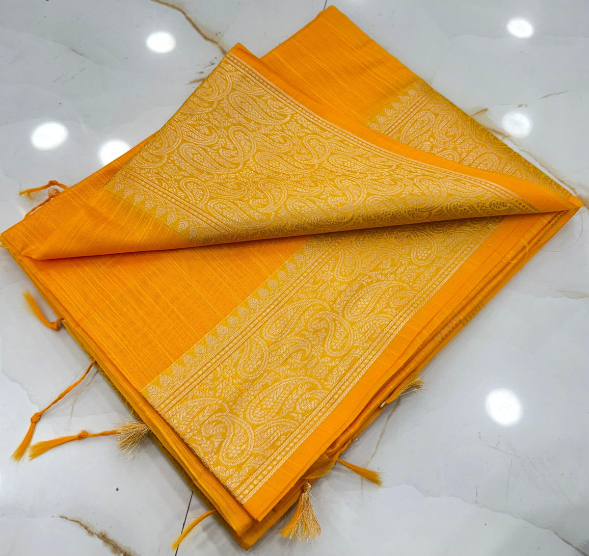 Mustard Yellow Slub Silk Handcrafted Saree with Antique Gold Paisley Woven Border & Pallu – Elegant Festive Ethnic Saree with Blouse Piece