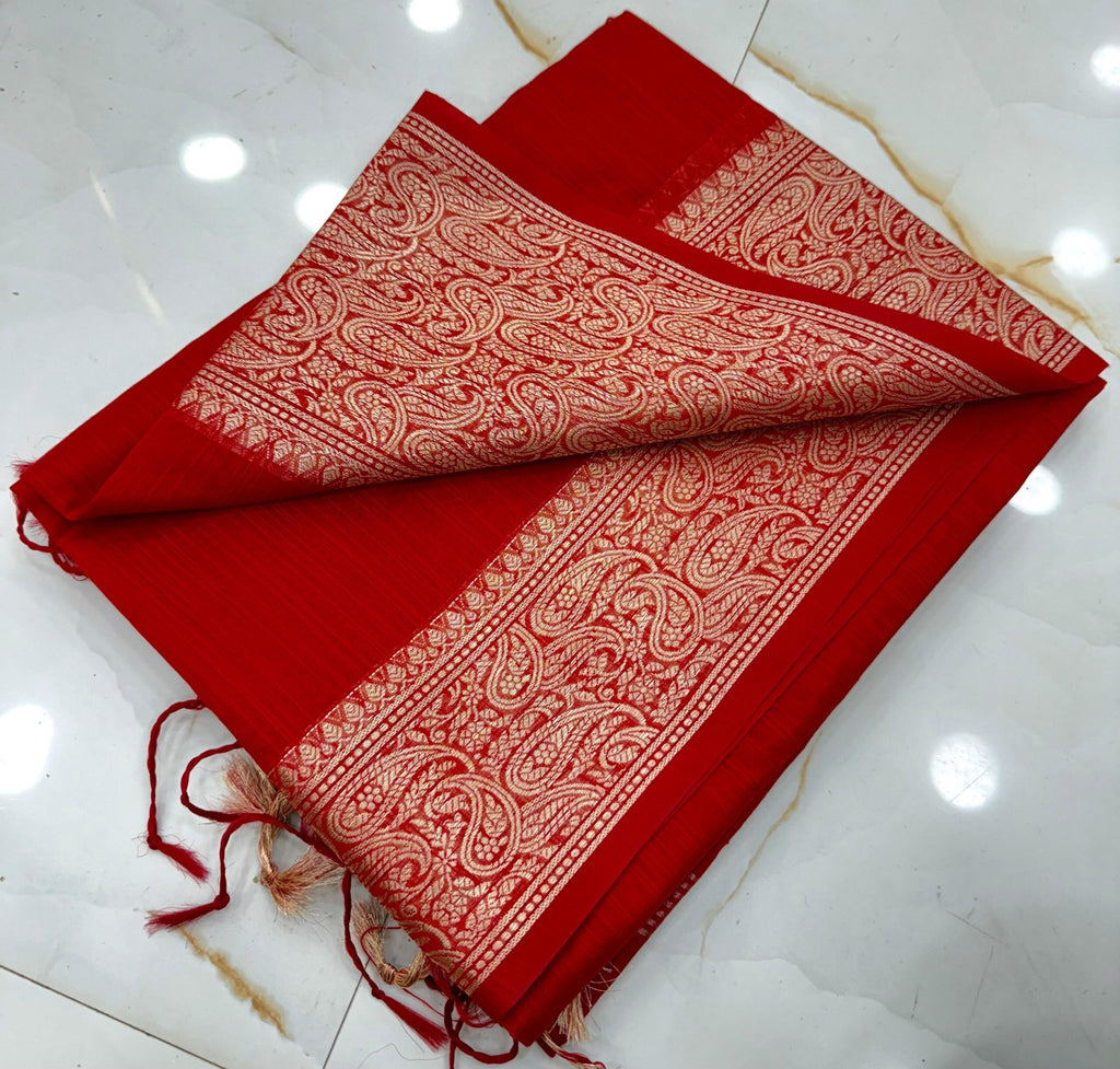 Vermilion Red Slub Silk Handcrafted Saree with Antique Gold Paisley Woven Border & Pallu – Festive Traditional Saree with Blouse Piece