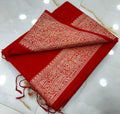 Vermilion Red Slub Silk Handcrafted Saree with Antique Gold Paisley Woven Border & Pallu – Festive Traditional Saree with Blouse Piece