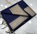Navy Blue Slub Silk Handcrafted Saree with Antique Gold Paisley Woven Border & Pallu – Elegant Festive Ethnic Saree with Blouse Piece