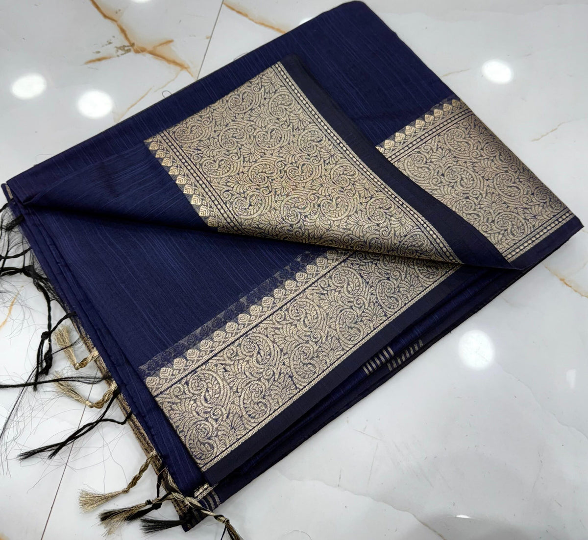 Navy Blue Slub Silk Handcrafted Saree with Antique Gold Paisley Woven Border & Pallu – Elegant Festive Ethnic Saree with Blouse Piece