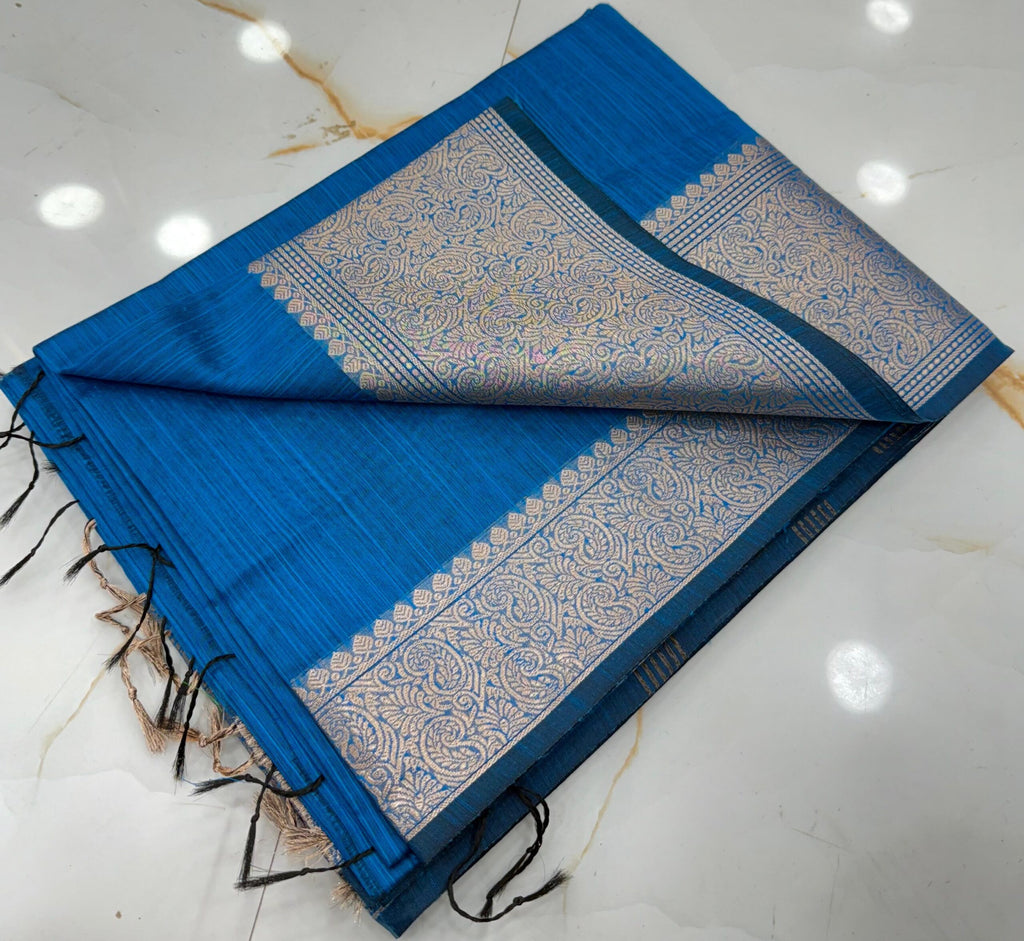 Peacock Blue Slub Silk Handcrafted Saree with Antique Silver-Gold Paisley Woven Border & Pallu – Elegant Festive Ethnic Saree with Blouse Piece