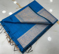 Peacock Blue Slub Silk Handcrafted Saree with Antique Silver-Gold Paisley Woven Border & Pallu – Elegant Festive Ethnic Saree with Blouse Piece