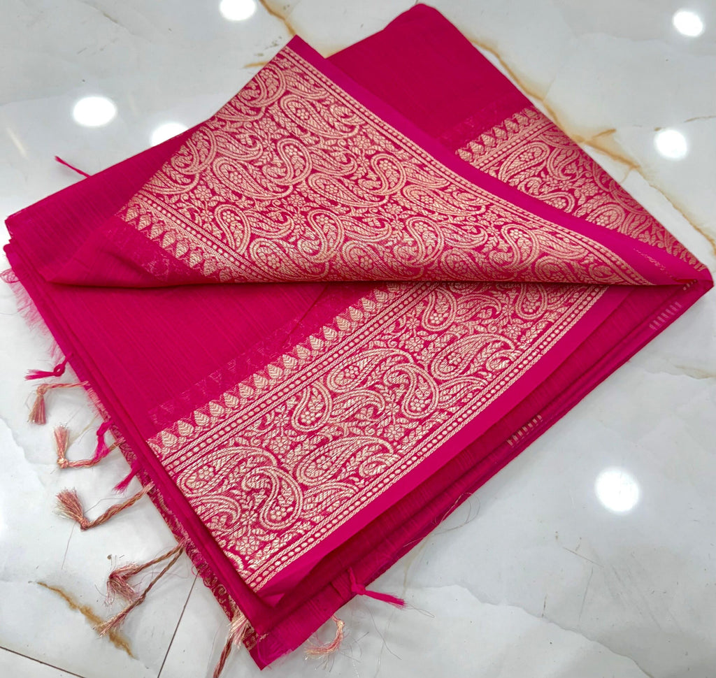 Rani Pink Slub Silk Handcrafted Saree with Antique Gold Paisley Woven Border & Pallu – Elegant Festive Ethnic Saree with Blouse Piece