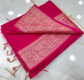 Rani Pink Slub Silk Handcrafted Saree with Antique Gold Paisley Woven Border & Pallu – Elegant Festive Ethnic Saree with Blouse Piece