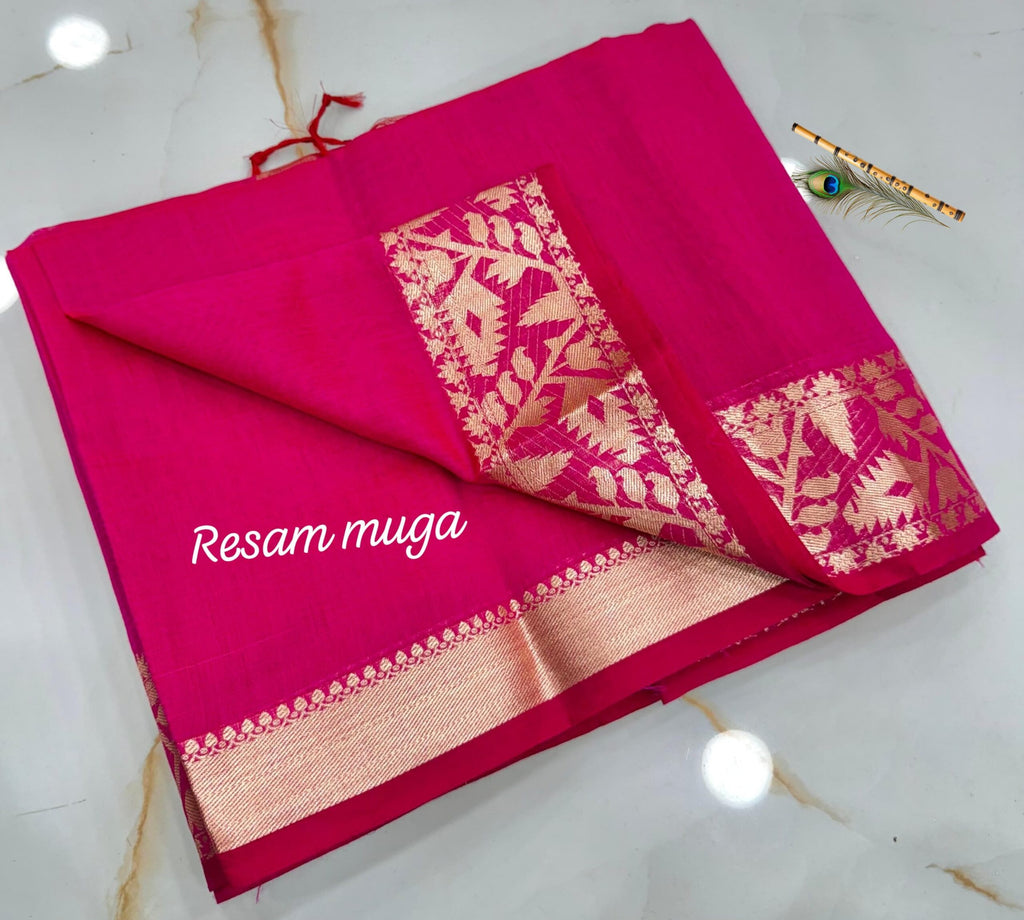 Rani Pink Pure Resam Muga Silk Saree with Rich Golden Zari Border | Handcrafted Luxury Festive Wear