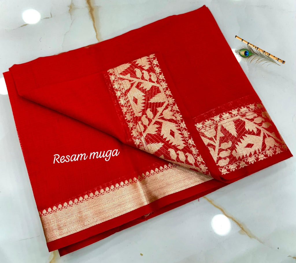 Vermilion Red Pure Resham Muga Silk Saree with Antique Gold Zari Woven Border & Blouse Piece | Handcrafted Bridal & Festive Wear