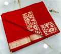 Vermilion Red Pure Resham Muga Silk Saree with Antique Gold Zari Woven Border & Blouse Piece | Handcrafted Bridal & Festive Wear
