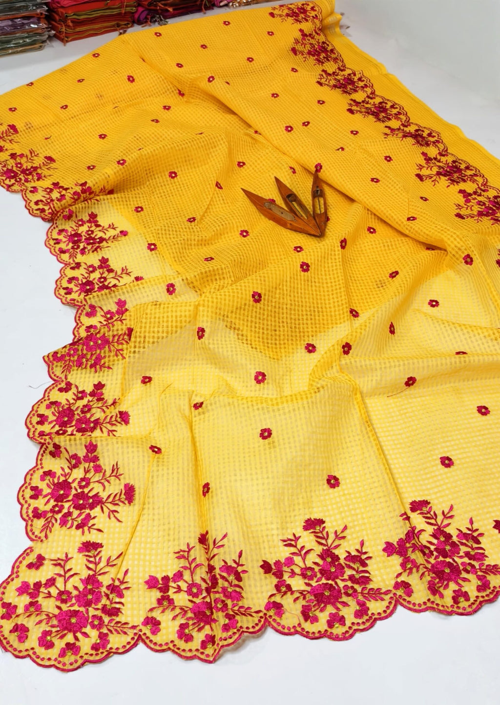 Radiant Yellow Kota Doria Saree with Pink Floral Cutwork Hand Embroidery | Designer Festive Wear Saree for Women