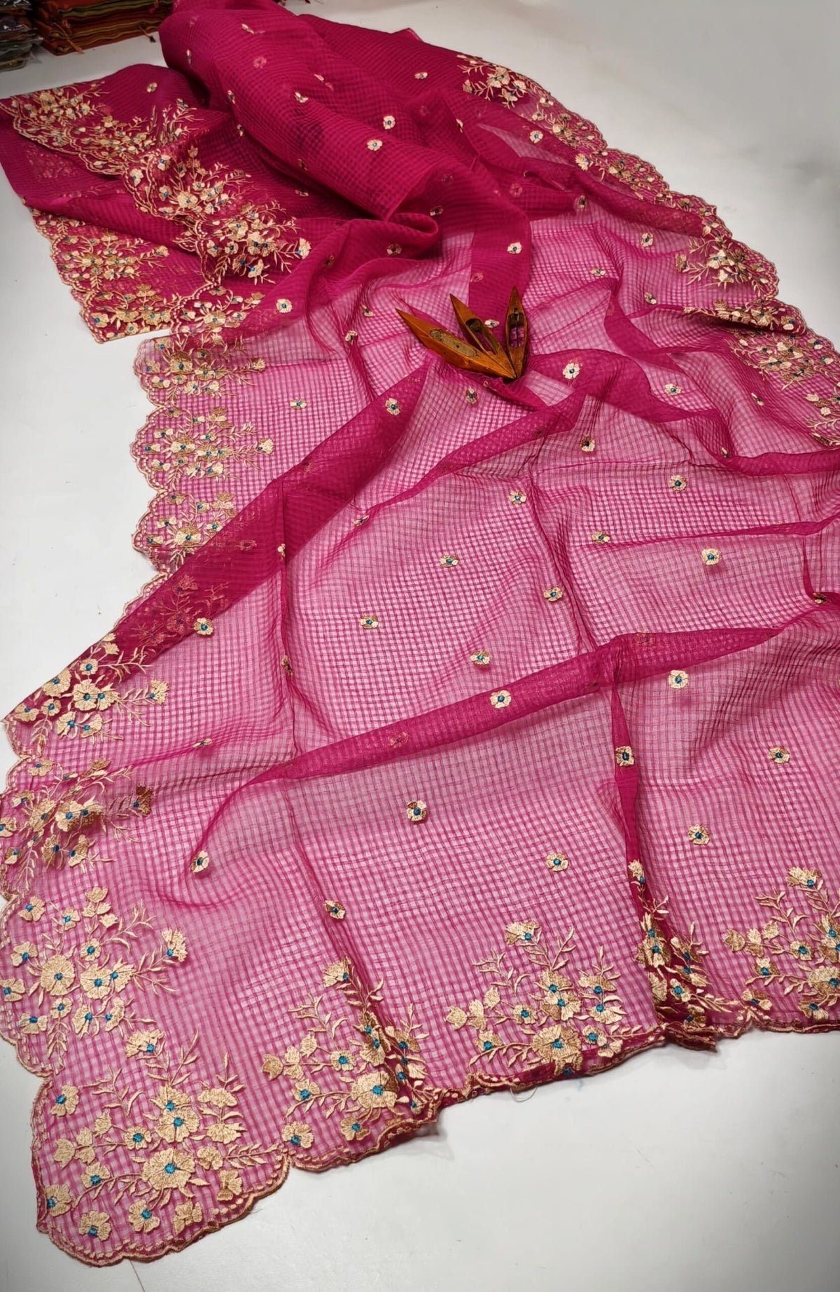 Royal Rani Pink Kota Doria Saree with Golden Floral Cutwork Hand Embroidery | Designer Festive Wear Saree for Women