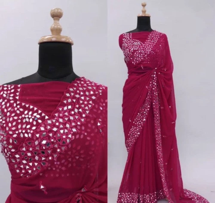 Rani Pink Pure Chiffon Handcrafted Stone Work Bridal Bollywood Party Wear Saree with Designer Blouse Piece
