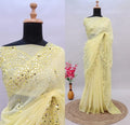 Lemon Yellow Pure Chiffon Handcrafted Stone Work Bridal Bollywood Party Wear Saree with Designer Blouse Piece