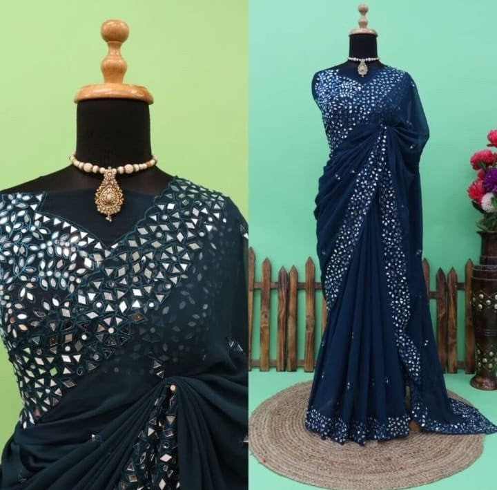 Midnight Navy Blue Pure Chiffon Handcrafted Stone Work Bridal Bollywood Party Wear Saree with Designer Blouse Piece
