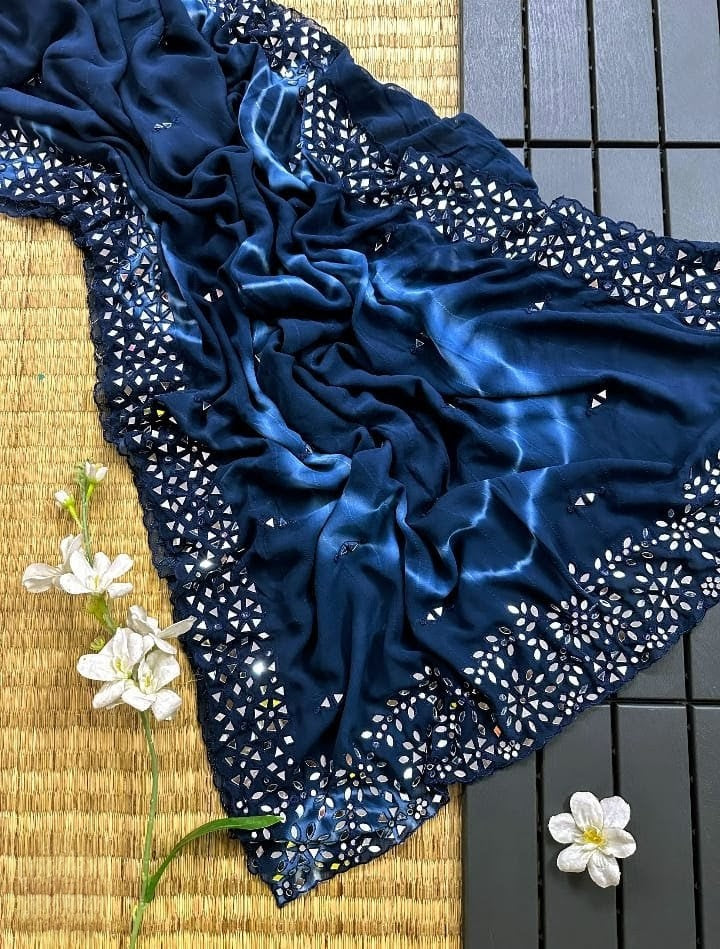 Royal Navy Blue Pure Chiffon Handcrafted Stone Work Bridal Bollywood Party Wear Saree with Designer Blouse Piece