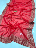Ruby Red Vichitra Silk Party Wear Saree with Gold Floral Embroidered Border & Blouse Piece