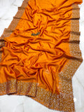 Saffron Orange Vichitra Silk Party Wear Saree with Silver Floral Embroidered Border & Blouse Piece