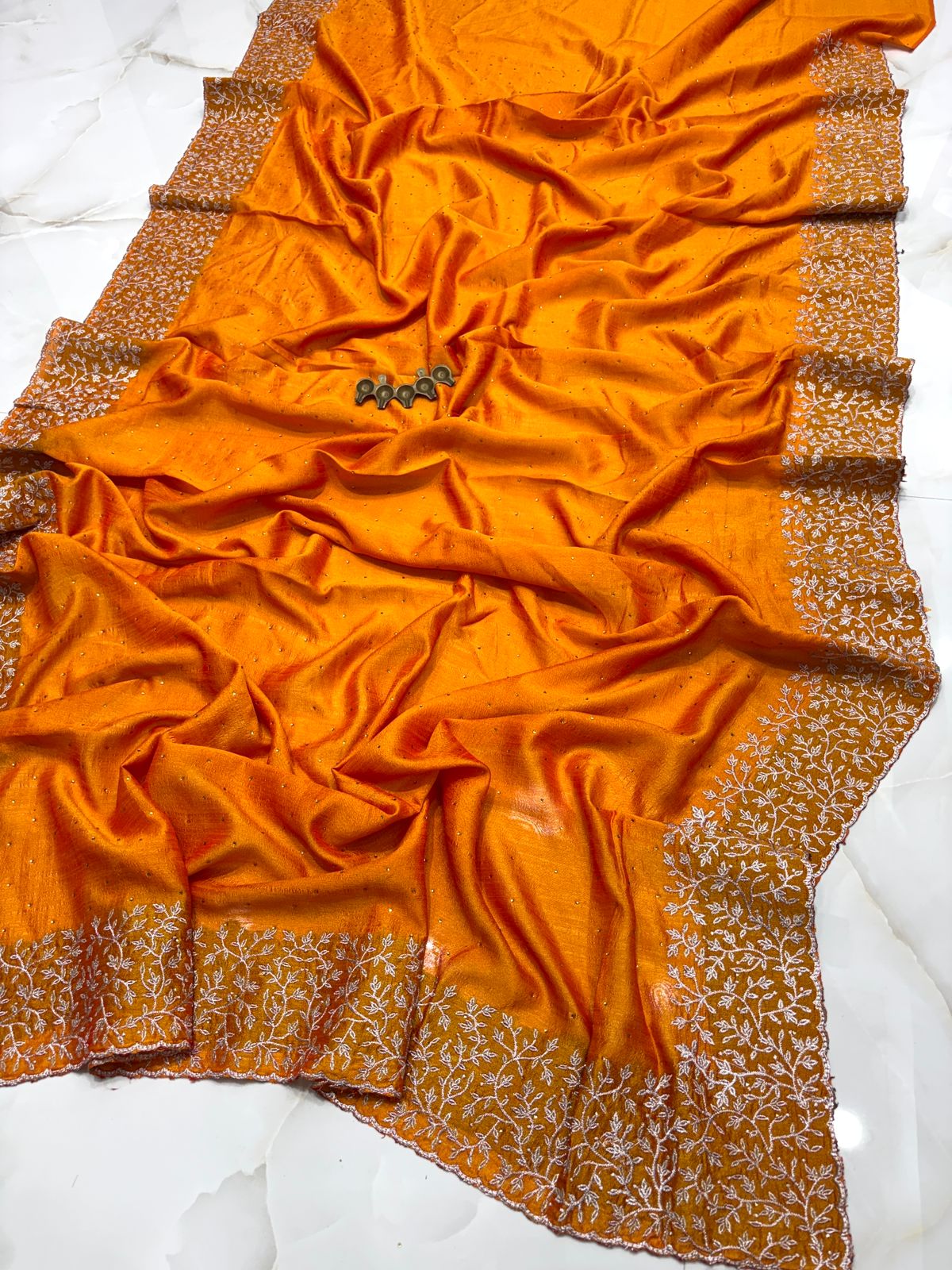 Saffron Orange Vichitra Silk Party Wear Saree with Silver Floral Embroidered Border & Blouse Piece
