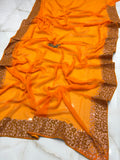 Sunshine Mustard Vichitra Silk Party Wear Saree with Rose Gold Floral Embroidered Border & Blouse Piece