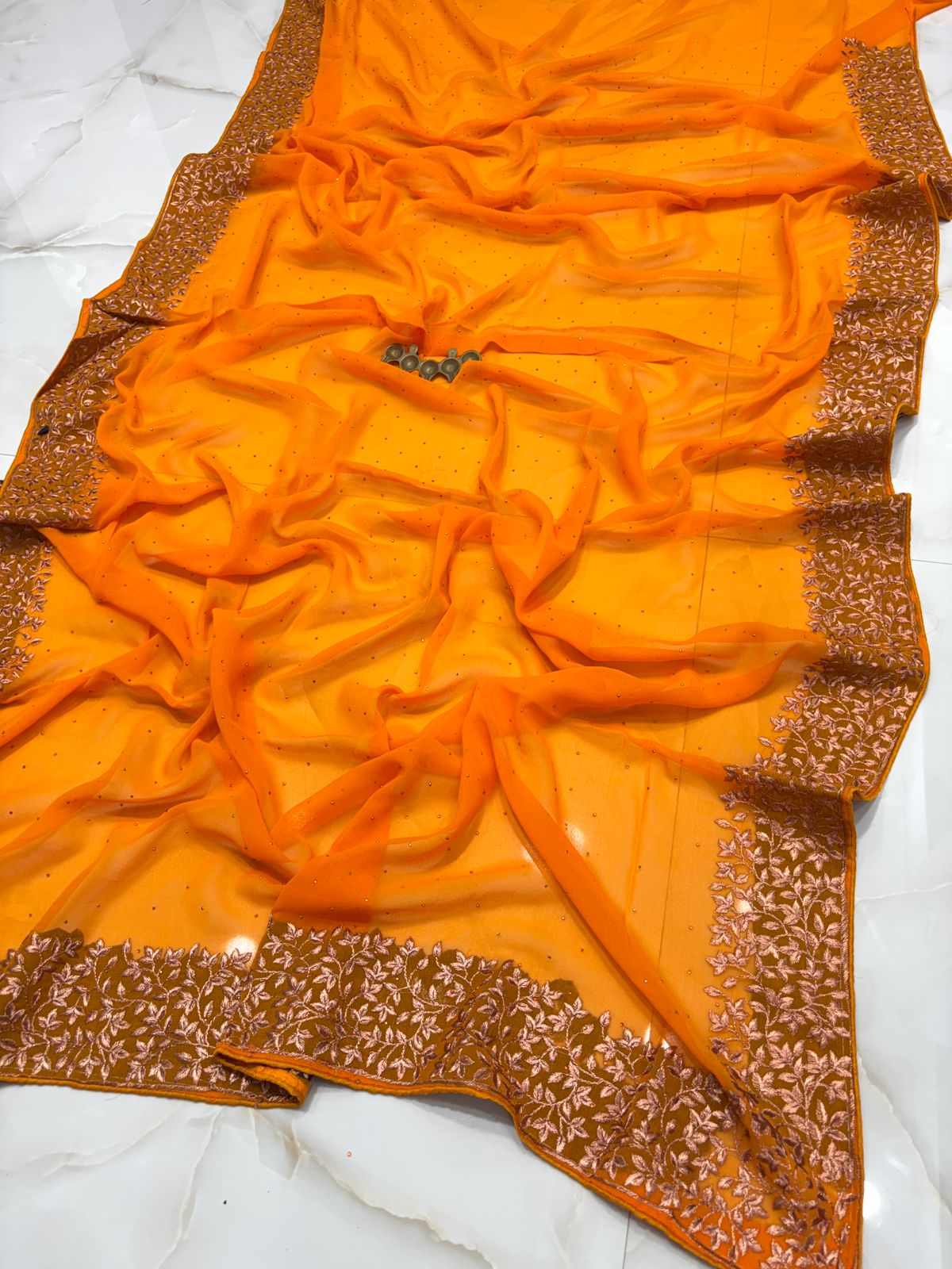 Sunshine Mustard Vichitra Silk Party Wear Saree with Rose Gold Floral Embroidered Border & Blouse Piece