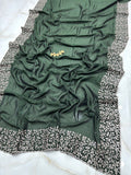 Midnight Olive Green Vichitra Silk Party Wear Saree with Silver Floral Embroidered Border & Blouse Piece
