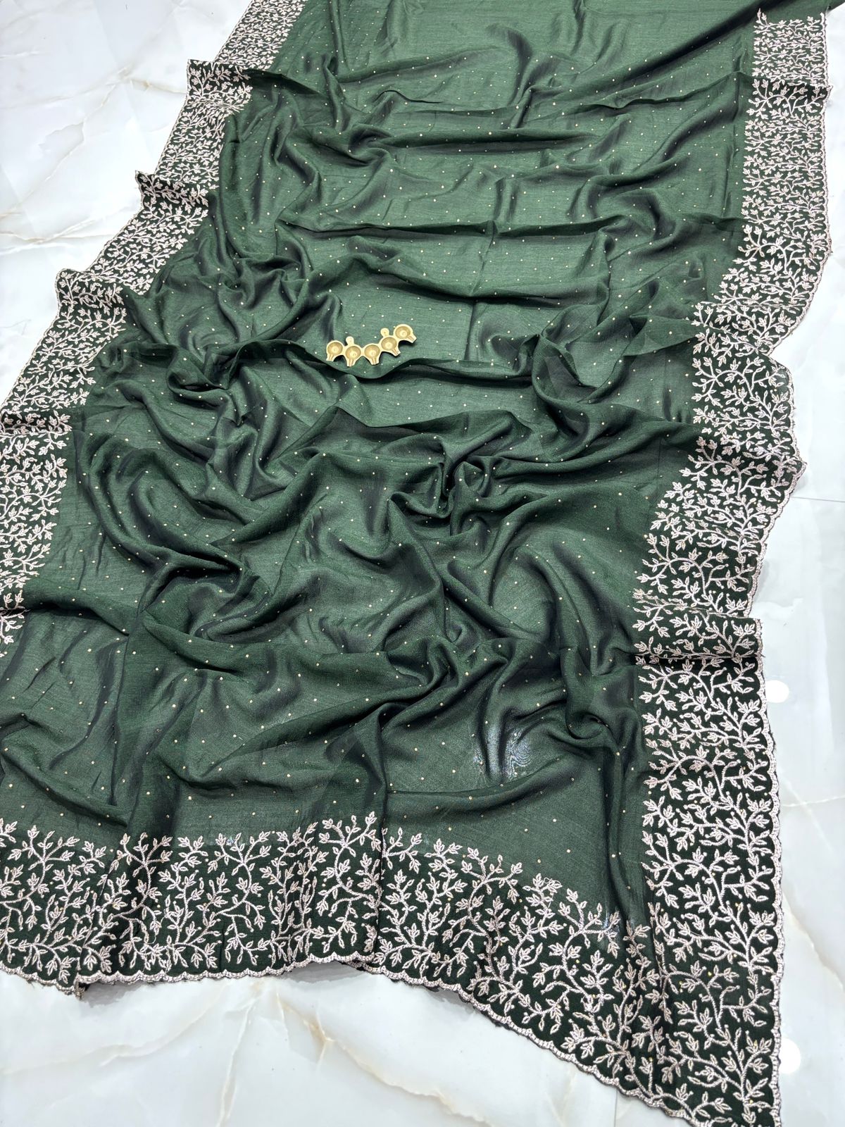 Midnight Olive Green Vichitra Silk Party Wear Saree with Silver Floral Embroidered Border & Blouse Piece