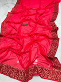 Radiant Hot Pink Vichitra Silk Party Wear Saree with Golden Floral Embroidered Border & Blouse Piece