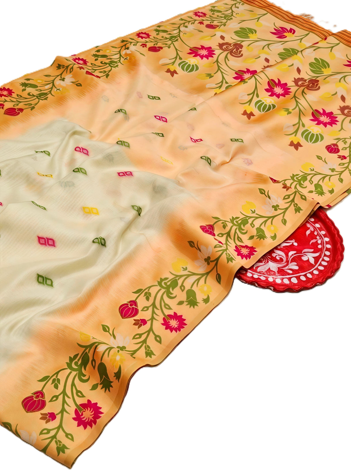 Peach Blossom Tussar Silk Saree with Ikkat Handcrafted Floral Work | Elegant Ethnic Saree with Blouse Piece