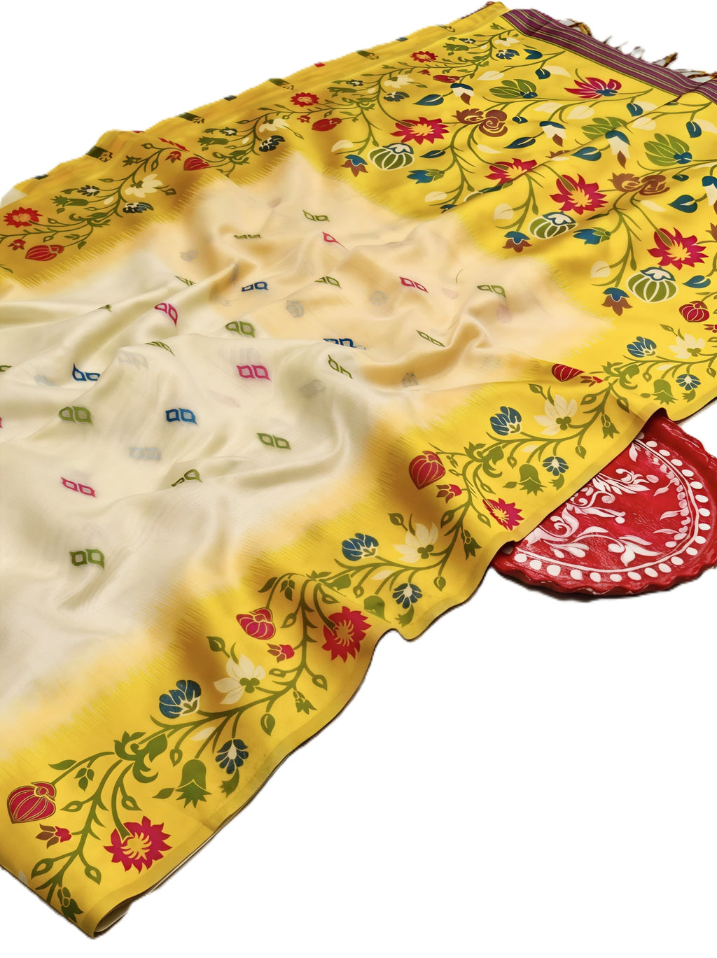 Sunshine Yellow Tussar Silk Saree with Ikkat Handcrafted Floral Border | Elegant Ethnic Saree with Blouse Piece