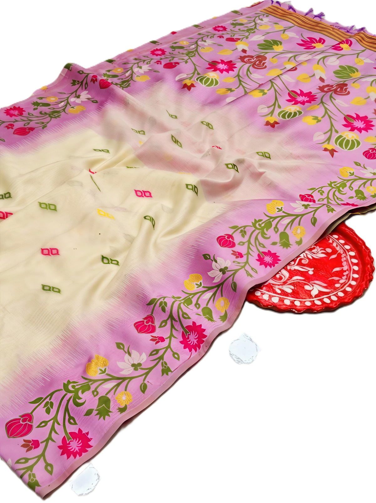Ivory & Lavender Tussar Silk Saree with Ikkat Handwork Floral Border | Elegant Handcrafted Ethnic Wear with Blouse Piece