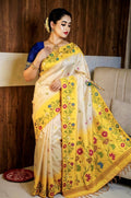 Sunshine Yellow Tussar Silk Saree with Ikkat Handcrafted Floral Border | Elegant Ethnic Saree with Blouse Piece